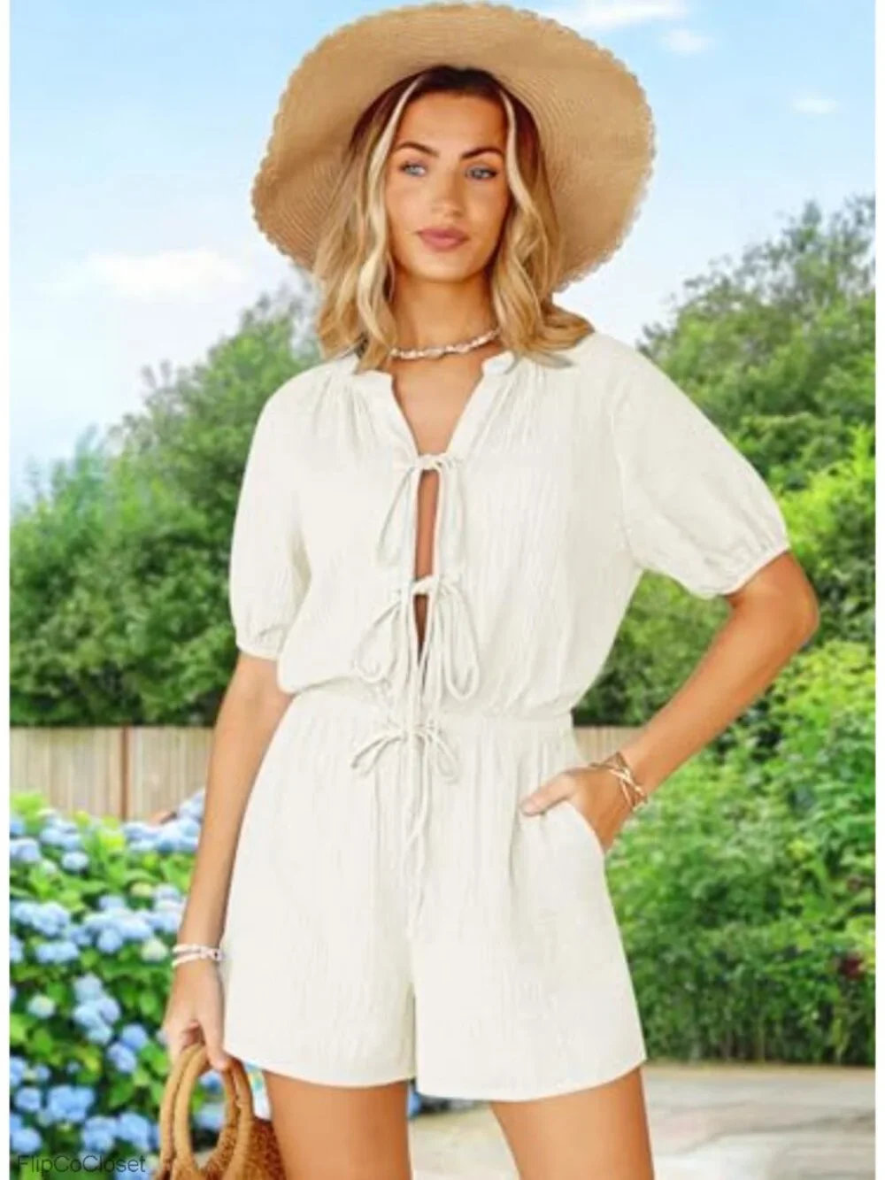 Women's Casual Romper Self Tie V Neck Short Sleeve Cotton Summer Jumpsuit
